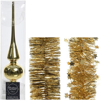 Decoris Kerstversiering glazen piek glans 26 cm en folieslingers pakket goud van 3x stuks