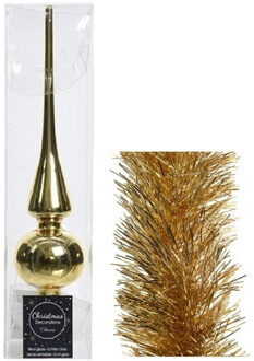 Decoris Kerstversiering glazen piek glans 26 cm en folieslingers pakket goud van 3x stuks