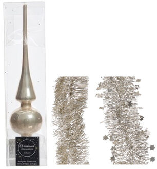 Decoris Kerstversiering glazen piek glans 26 cm en folieslingers pakket licht parel/champagne van 3x stuks