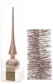 Decoris Kerstversiering glazen piek glans 26 cm en folieslingers pakket lichtroze van 3x stuks