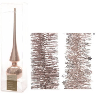 Decoris Kerstversiering glazen piek glans 26 cm en folieslingers pakket lichtroze van 3x stuks