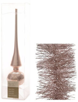 Decoris Kerstversiering glazen piek glans 26 cm en folieslingers pakket lichtroze van 3x stuks