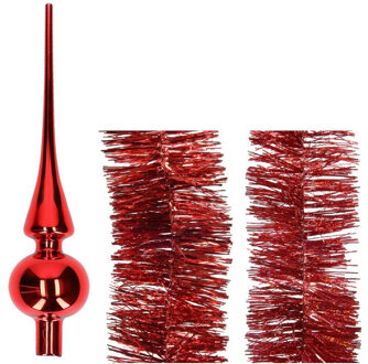 Decoris Kerstversiering glazen piek glans 26 cm en folieslingers pakket rood van 3x stuks