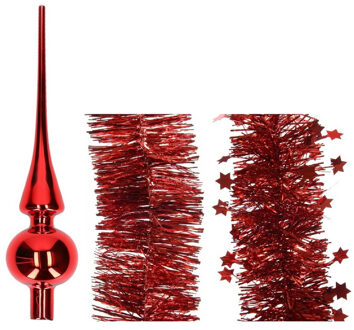 Decoris Kerstversiering glazen piek glans 26 cm en folieslingers pakket rood van 3x stuks