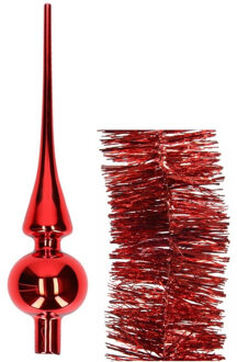 Decoris Kerstversiering glazen piek glans 26 cm en folieslingers pakket rood van 3x stuks