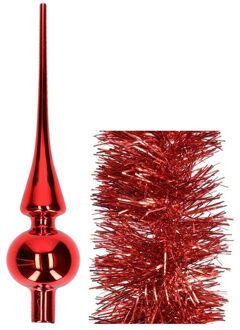 Decoris Kerstversiering glazen piek glans 26 cm en folieslingers pakket rood van 3x stuks