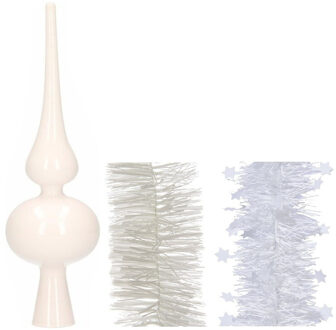 Decoris Kerstversiering glazen piek glans 26 cm en folieslingers pakket winter wit van 3x stuks