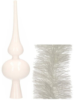 Decoris Kerstversiering glazen piek glans 26 cm en folieslingers pakket winter wit van 3x stuks