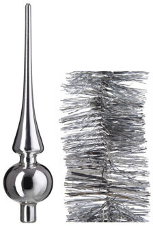Decoris Kerstversiering glazen piek glans 26 cm en folieslingers pakket zilver van 3x stuks