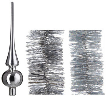 Decoris Kerstversiering glazen piek glans 26 cm en folieslingers pakket zilver van 3x stuks