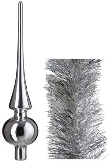 Decoris Kerstversiering glazen piek glans 26 cm en folieslingers pakket zilver van 3x stuks