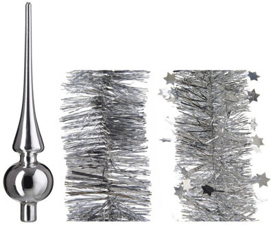 Decoris Kerstversiering glazen piek glans 26 cm en folieslingers pakket zilver van 3x stuks