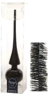 Decoris Kerstversiering glazen piek glans 26 cm en folieslingers pakket zwart van 3x stuks