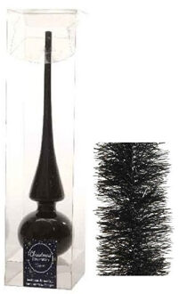 Decoris Kerstversiering glazen piek glans 26 cm en folieslingers pakket zwart van 3x stuks