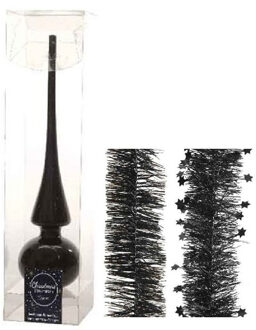 Decoris Kerstversiering glazen piek glans 26 cm en folieslingers pakket zwart van 3x stuks