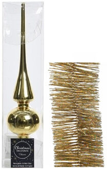 Decoris Kerstversiering glazen piek glans 26 cm en glitter folieslingers pakket goud van 3x stuks
