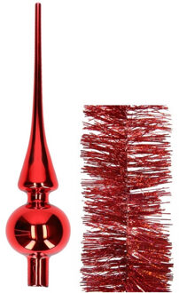 Decoris Kerstversiering glazen piek glans 26 cm en glitter folieslingers pakket rood van 3x stuks