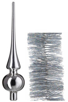 Decoris Kerstversiering glazen piek glans 26 cm en glitter folieslingers pakket zilver van 3x stuks