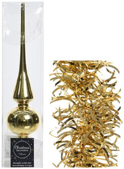 Decoris Kerstversiering glazen piek glans 26 cm en golf folieslingers pakket goud van 3x stuks