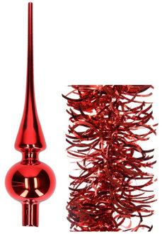 Decoris Kerstversiering glazen piek glans 26 cm en golf folieslingers pakket rood van 3x stuks