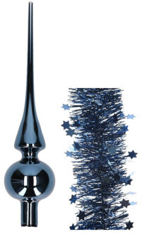 Decoris Kerstversiering glazen piek glans 26 cm en sterren folieslingers pakket donkerblauw van 3x stuks