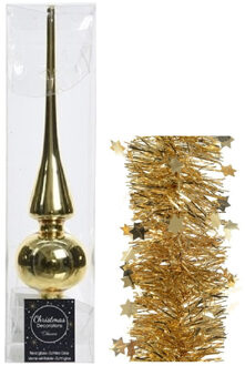Decoris Kerstversiering glazen piek glans 26 cm en sterren folieslingers pakket goud van 3x stuks