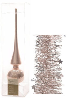 Decoris Kerstversiering glazen piek glans 26 cm en sterren folieslingers pakket lichtroze van 3x stuks
