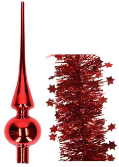 Decoris Kerstversiering glazen piek glans 26 cm en sterren folieslingers pakket rood van 3x stuks