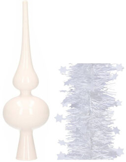 Decoris Kerstversiering glazen piek glans 26 cm en sterren folieslingers pakket winter wit van 3x stuks