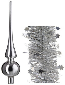 Decoris Kerstversiering glazen piek glans 26 cm en sterren folieslingers pakket zilver van 3x stuks