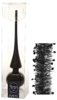 Decoris Kerstversiering glazen piek glans 26 cm en sterren folieslingers pakket zwart van 3x stuks