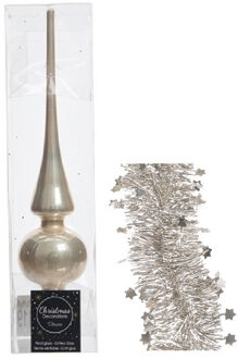 Decoris Kerstversiering glazen piek glans 26 cm en sterren slingers pakket licht parel/champagne 3x stuks