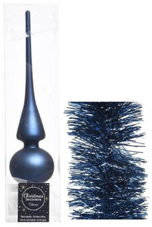 Decoris Kerstversiering glazen piek mat 26 cm en folieslingers pakket donkerblauw van 3x stuks