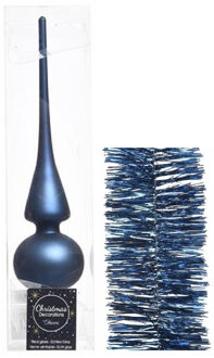 Decoris Kerstversiering glazen piek mat 26 cm en folieslingers pakket donkerblauw van 3x stuks
