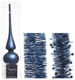 Decoris Kerstversiering glazen piek mat 26 cm en folieslingers pakket donkerblauw van 3x stuks