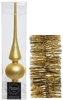 Decoris Kerstversiering glazen piek mat 26 cm en folieslingers pakket goud van 3x stuks