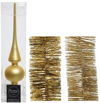 Decoris Kerstversiering glazen piek mat 26 cm en folieslingers pakket goud van 3x stuks