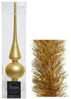 Decoris Kerstversiering glazen piek mat 26 cm en folieslingers pakket goud van 3x stuks