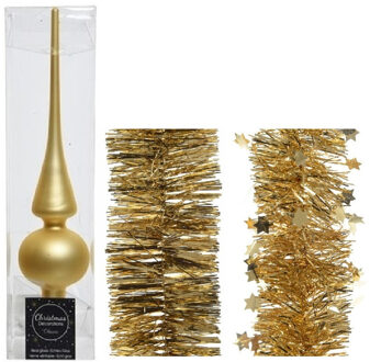 Decoris Kerstversiering glazen piek mat 26 cm en folieslingers pakket goud van 3x stuks