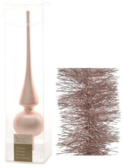 Decoris Kerstversiering glazen piek mat 26 cm en folieslingers pakket lichtroze van 3x stuks