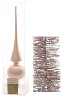 Decoris Kerstversiering glazen piek mat 26 cm en folieslingers pakket lichtroze van 3x stuks