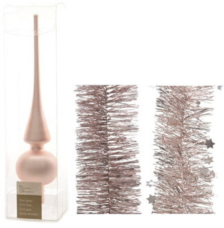 Decoris Kerstversiering glazen piek mat 26 cm en folieslingers pakket lichtroze van 3x stuks