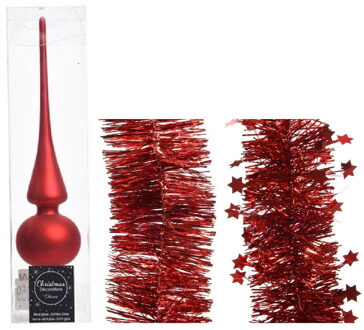 Decoris Kerstversiering glazen piek mat 26 cm en folieslingers pakket rood van 3x stuks