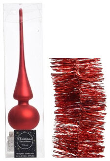Decoris Kerstversiering glazen piek mat 26 cm en folieslingers pakket rood van 3x stuks