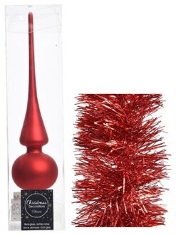 Decoris Kerstversiering glazen piek mat 26 cm en folieslingers pakket rood van 3x stuks