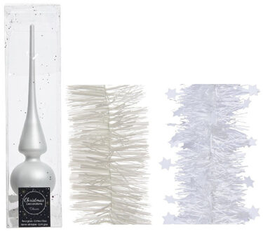 Decoris Kerstversiering glazen piek mat 26 cm en folieslingers pakket winter wit van 3x stuks