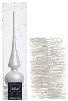 Decoris Kerstversiering glazen piek mat 26 cm en folieslingers pakket winter wit van 3x stuks