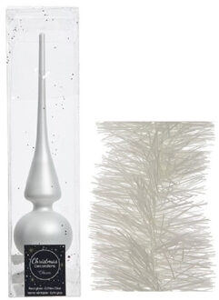Decoris Kerstversiering glazen piek mat 26 cm en folieslingers pakket winter wit van 3x stuks