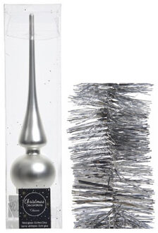 Decoris Kerstversiering glazen piek mat 26 cm en folieslingers pakket zilver van 3x stuks