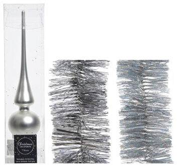 Decoris Kerstversiering glazen piek mat 26 cm en folieslingers pakket zilver van 3x stuks